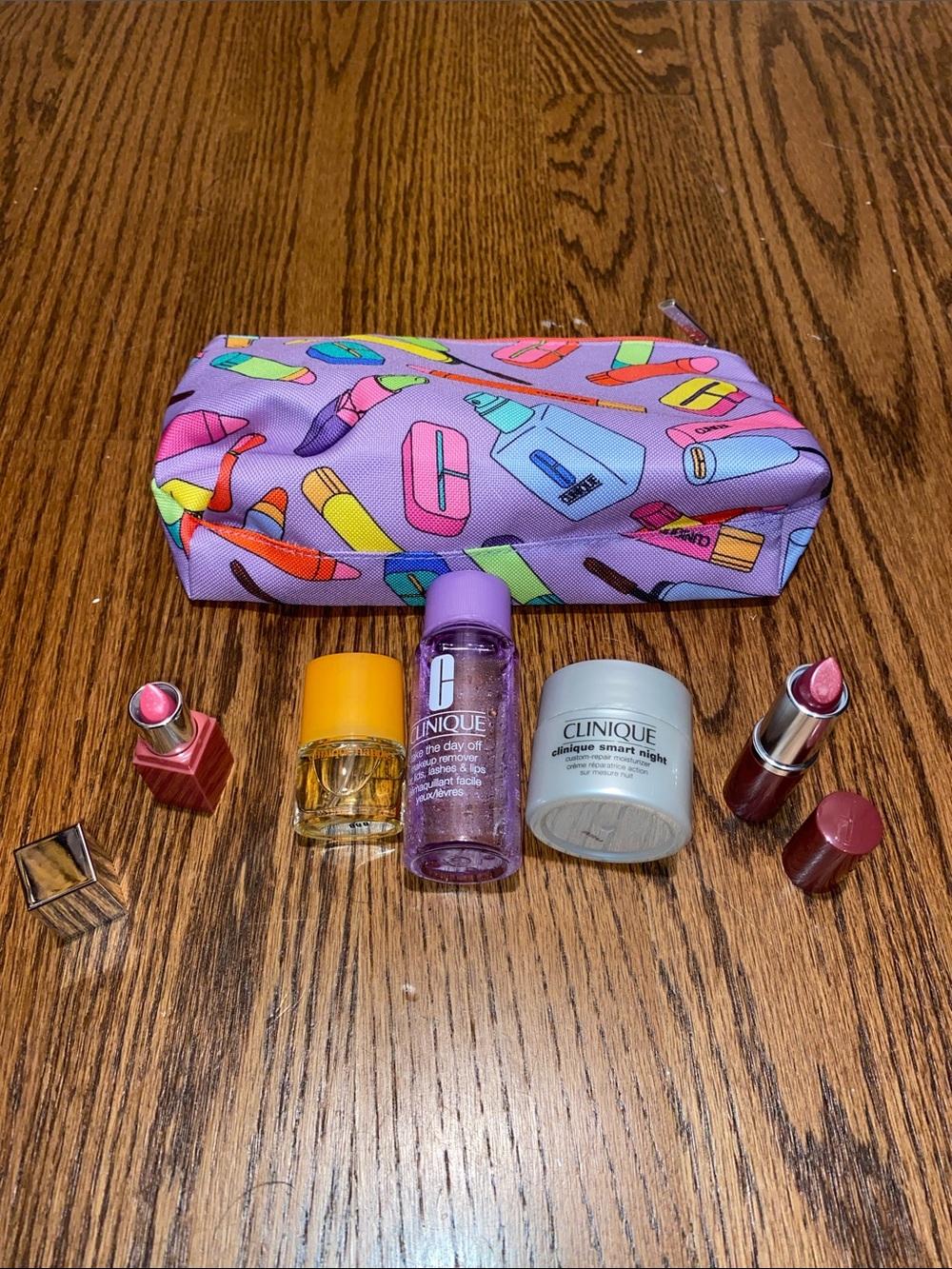 Clinique Lavender Cosmetic Pouch with Pink & Mauve Lipsticks
